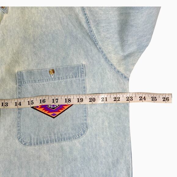 Vintage Denim Shirt Aztec Design Button Up Acid Wash Blue Mens Medium 80s Cowboy - Picture 7 of 10